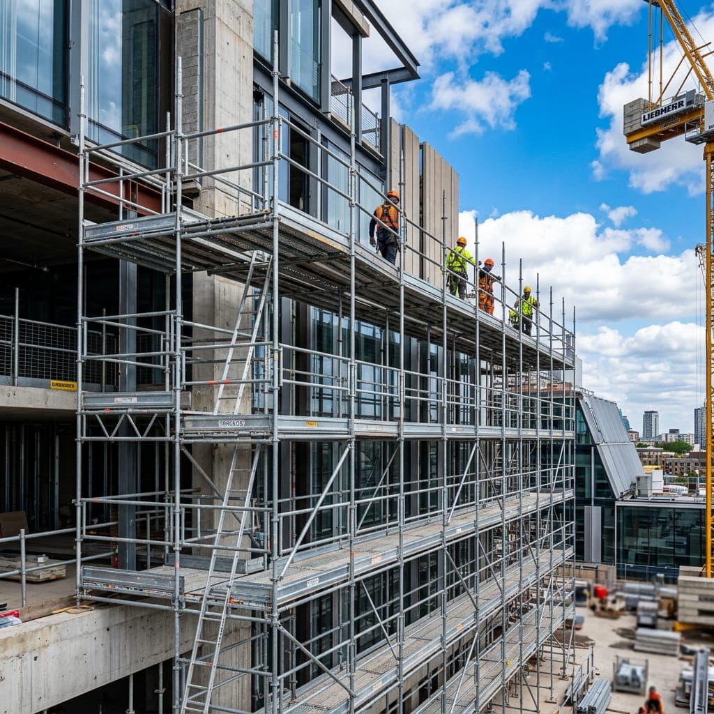 Andamios multidireccionales certificados armados en una edificación en construcción